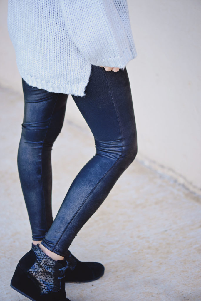open back sweater under $50 with faux leather leggings and booties