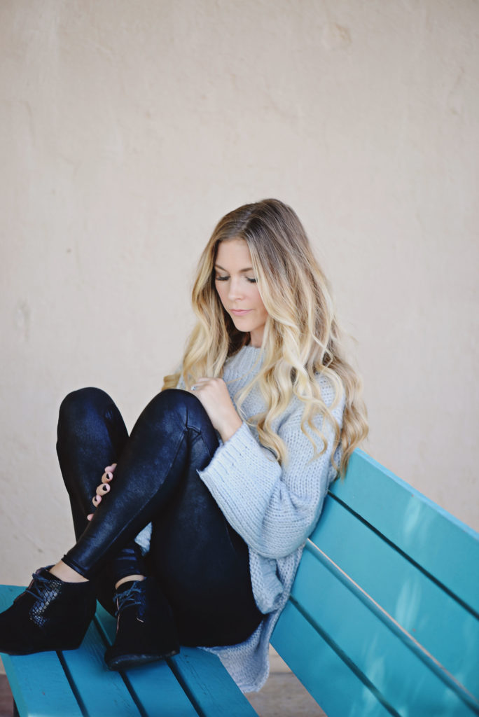 open back sweater under $50 with faux leather leggings and booties