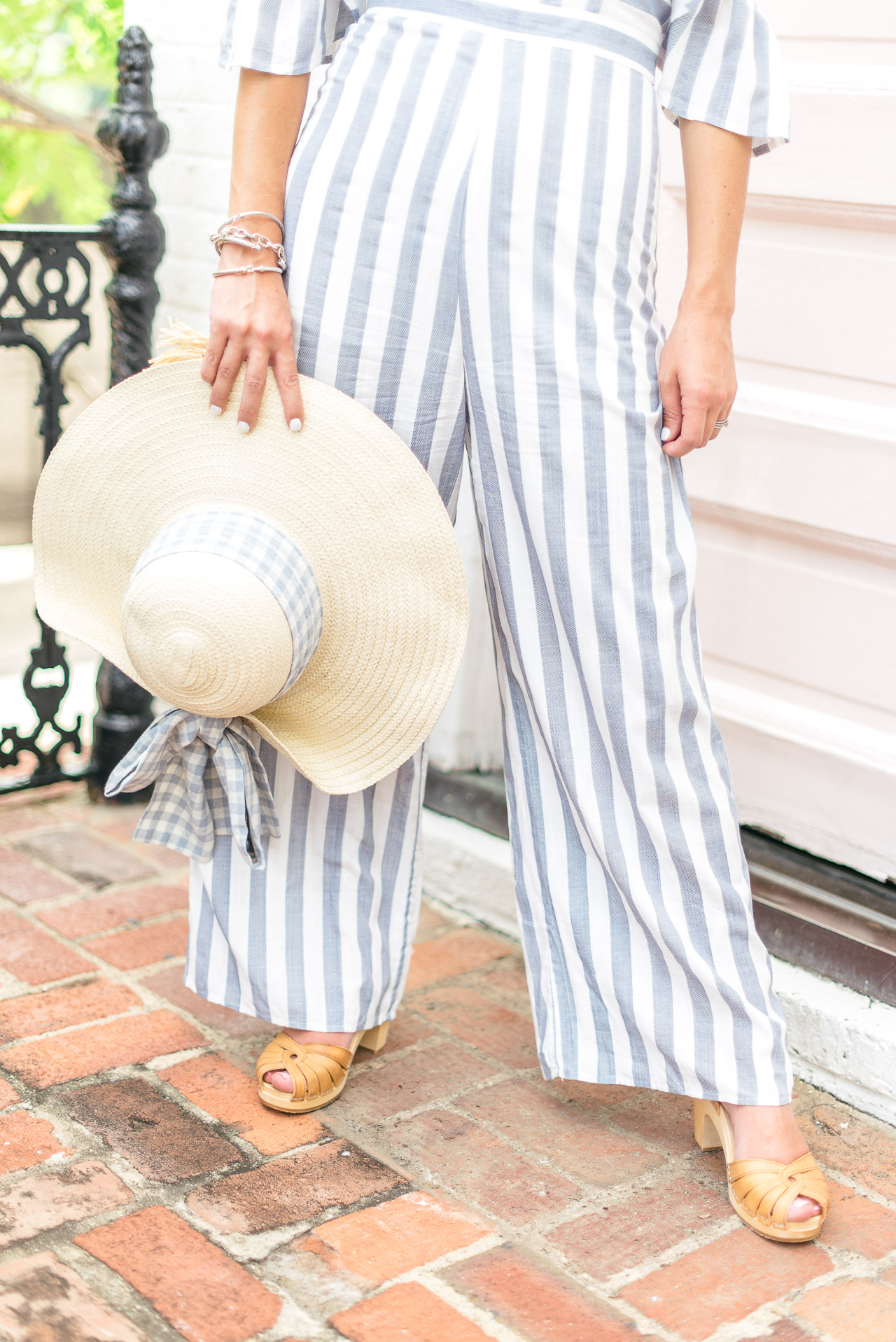 gingham straw hat // Blue striped jumpsuit // Swedish Hasbeens Wooden Clogs-2