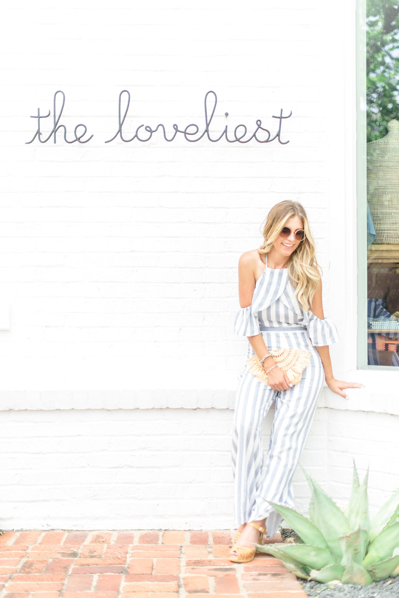 gingham straw hat // Blue striped jumpsuit // Swedish Hasbeens Wooden Clogs-2