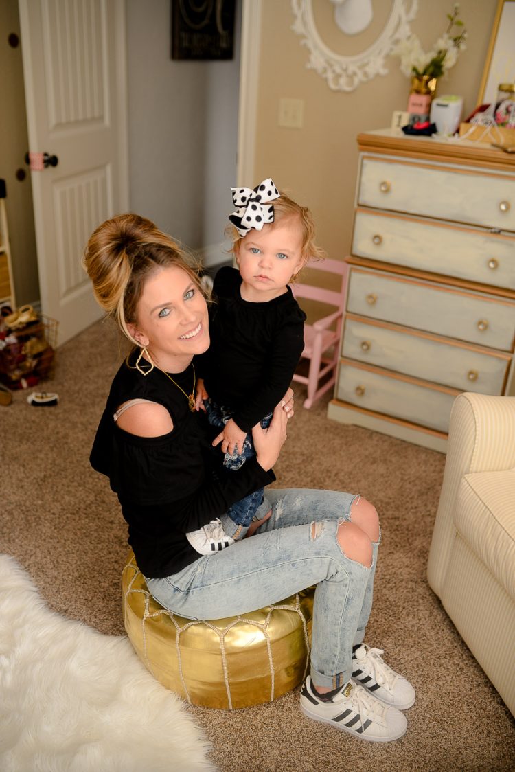 Easy mommy & me outfit with Adidas Superstar sneakers! Black top that's under $15 and accessories to make the outfit! Can't forget the baby distressed denim! Click for more...littleloveliesblog.com