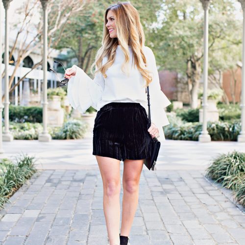 Date Night Outfit | Outfit Inspiration | Valentines Day date night | What to wear for date night | easy date night style | velvet shorts | black booties | bell sleeve top | date night under $100