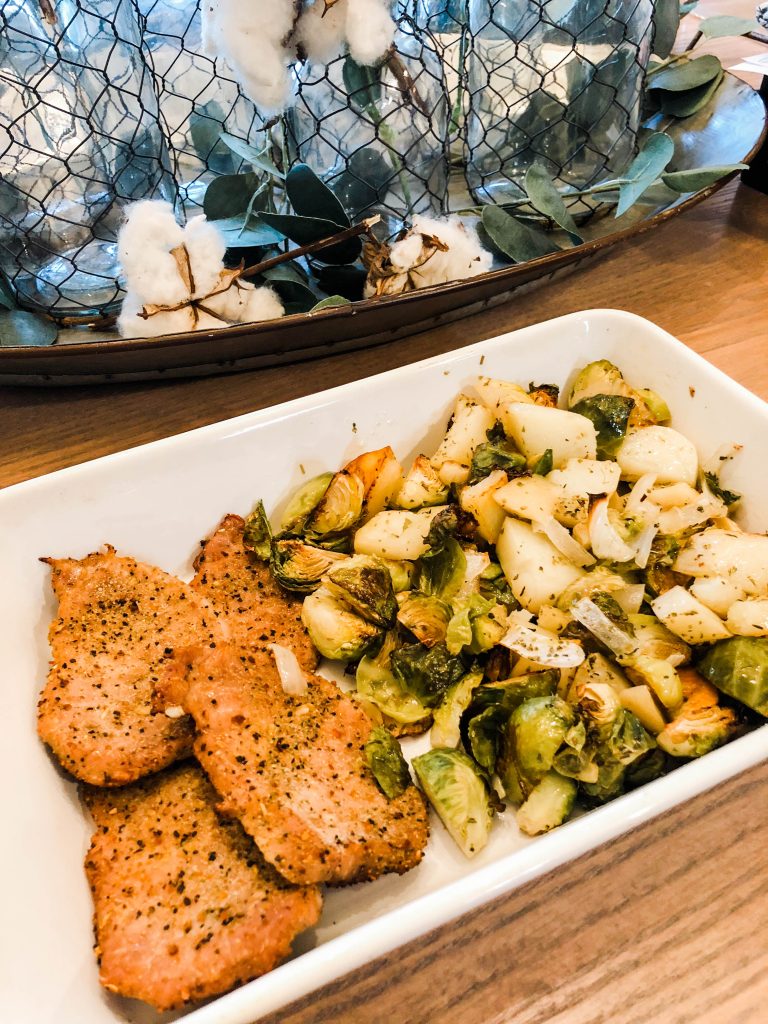 easy one pan porkchops recipe with brussel sprouts and potatoes