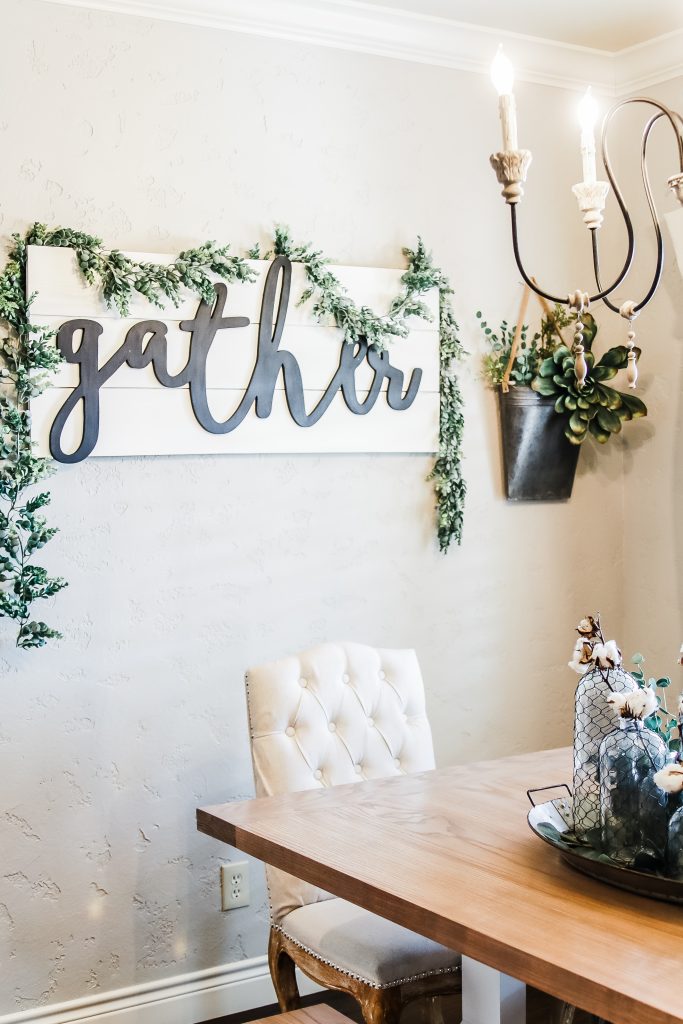 gather sign Farmhouse Style Light & Airy Kitchen Makeover Breakfast Nook Dining Area
